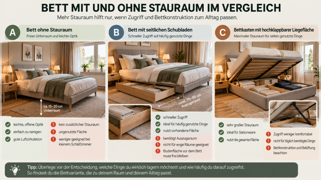 Bett ohne Stauraum, Bett mit Schubladen und Bettkasten im Vergleich