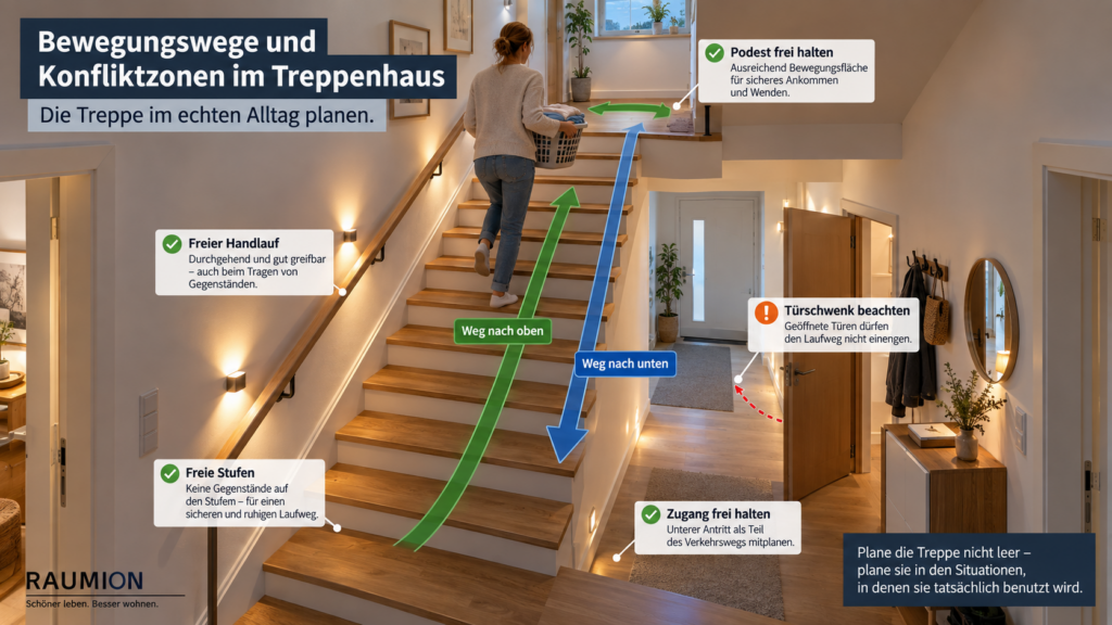 Bewegungswege und Konfliktzonen in einem Treppenhaus mit Türen und Podest