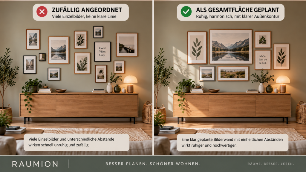 Bilderwand Vergleich zwischen zufälliger Anordnung und ruhiger zusammenhängender Galerie