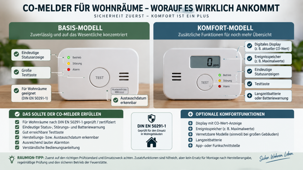 Vergleich geeigneter CO-Melder mit DIN EN 50291-1, Testtaste und optionalem Display