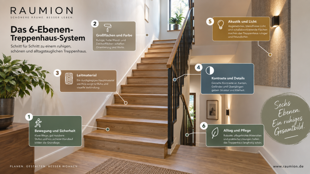 RAUMION-6-Ebenen-System zur ruhigen Gestaltung eines Treppenhauses