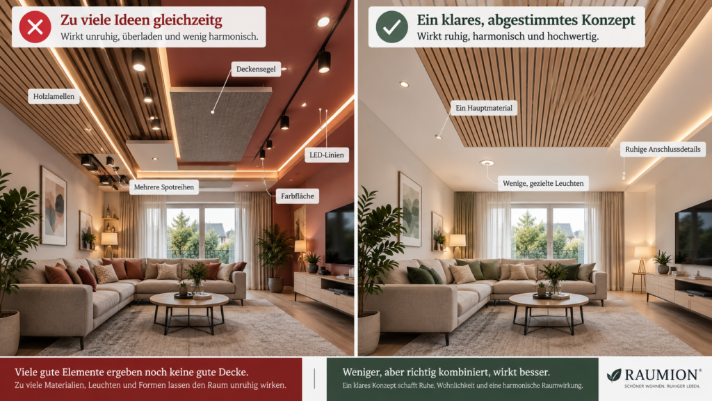 Vergleich zwischen überladener Deckengestaltung und ruhigem abgestimmtem Deckenkonzept