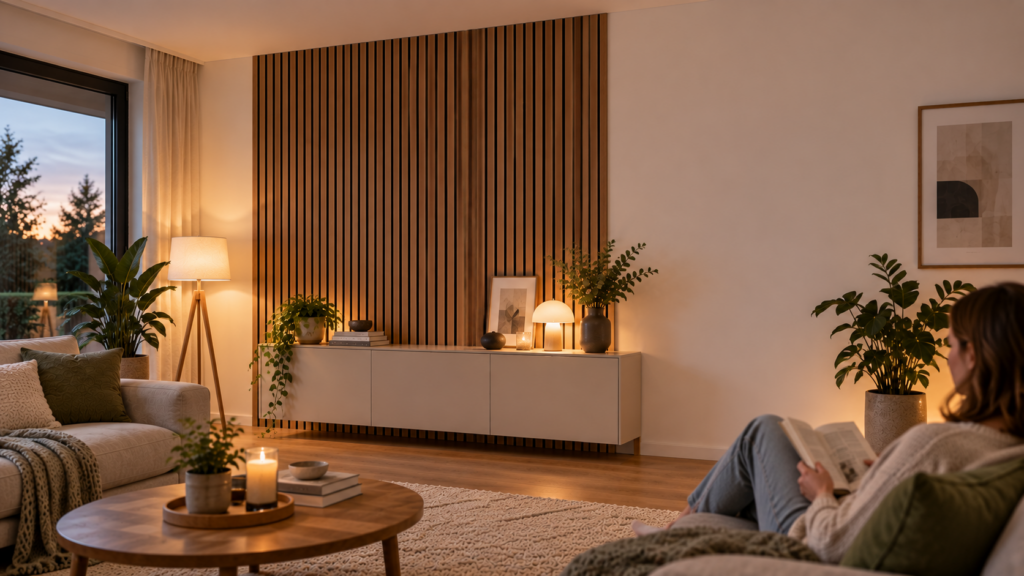 Deckenhohe Akustikpaneel-Wand als ruhige Wandgestaltung im Wohnzimmer