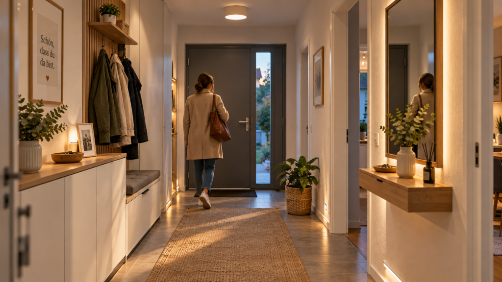 Ruhiger funktionaler Flur mit Garderobe, Spiegel, Stauraum und freiem Laufweg