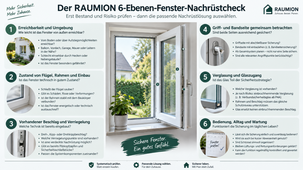 RAUMION 6-Ebenen-Fenster-Nachrüstcheck mit Erreichbarkeit, Rahmen, Beschlag, Seiten, Verglasung und Bedienung