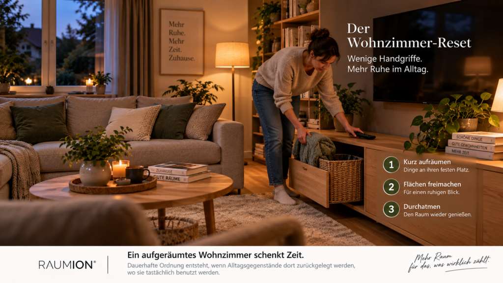 Wohnzimmer wird mit wenigen Handgriffen in einen ruhigen Grundzustand zurückgesetzt