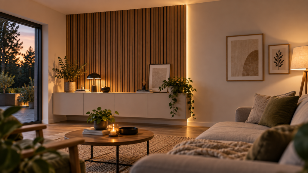 Wohnzimmer mit Akustikpaneelen und dezenter warmweißer LED-Beleuchtung