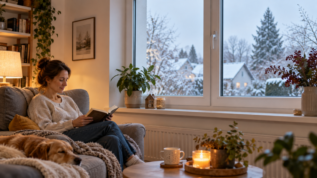 Ruhiger Wohnraum mit geschlossenem trockenem Fenster und sauberem Fensteranschluss an einem kalten Tag