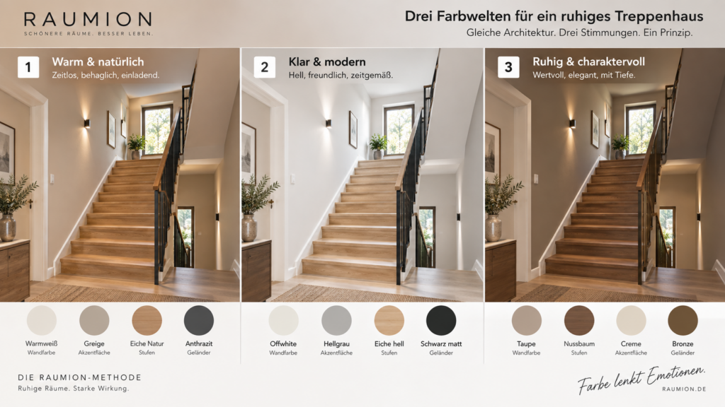 Drei ruhige Farbkonzepte für ein Treppenhaus im direkten Vergleich