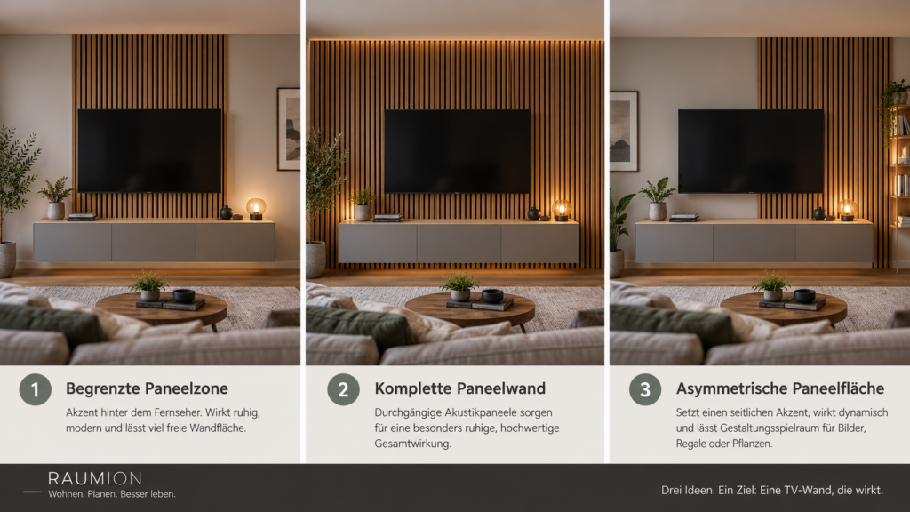 Vergleich von drei Gestaltungsvarianten für Akustikpaneele an einer TV-Wand