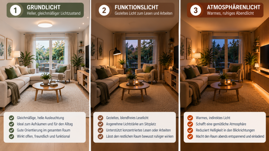 Wohnzimmer mit Grundlicht, Leselicht und warmem Atmosphärenlicht im Vergleich