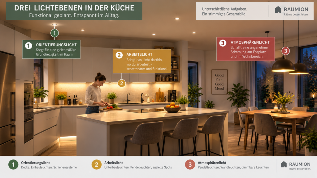 Küche mit Orientierungslicht, Arbeitslicht und atmosphärischem Licht am Essplatz