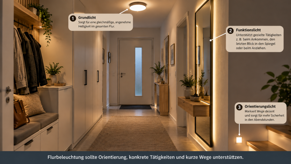Grundlicht, Spiegellicht und Orientierungslicht in einem funktionalen Flur