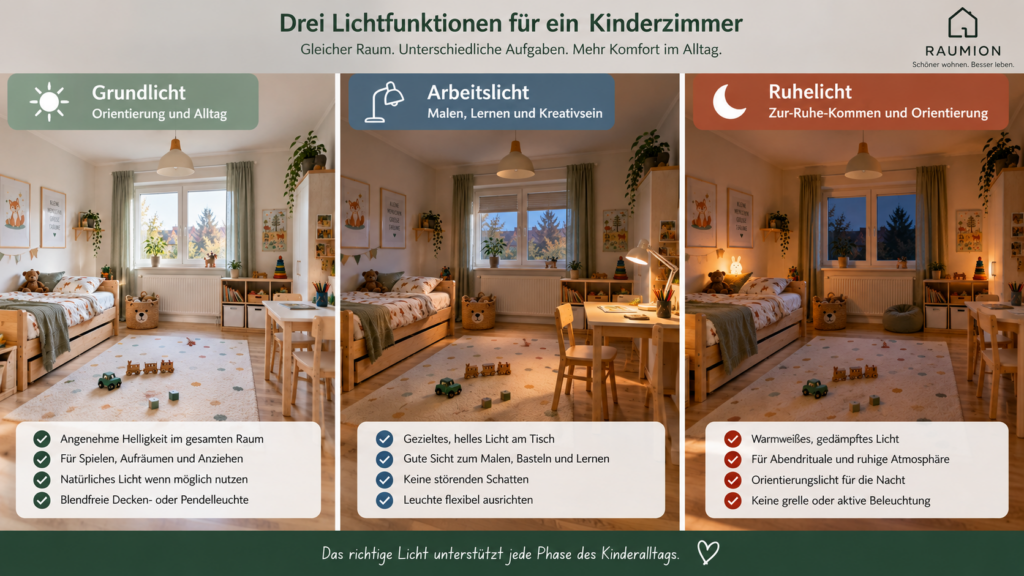 Kinderzimmer mit Grundlicht Arbeitslicht und warmem Abendlicht im Vergleich