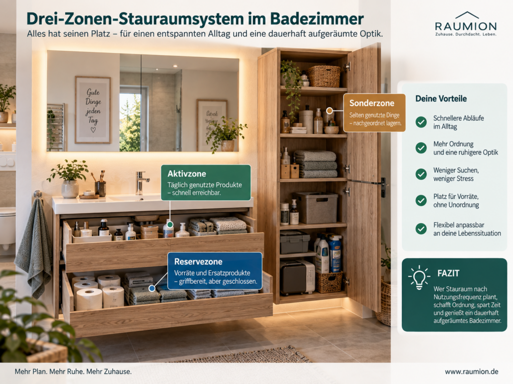 Badezimmer Stauraum mit Aktivzone, Reservezone und selten genutzten Dingen