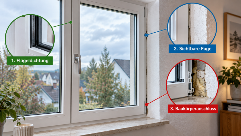 Fenster mit markierten Prüfbereichen für Dichtung, sichtbare Fuge und Baukörperanschluss