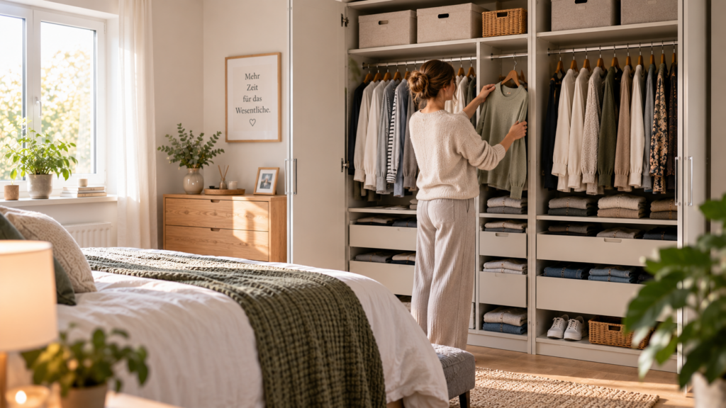 Person wählt morgens Kleidung aus einem übersichtlich organisierten Kleiderschrank