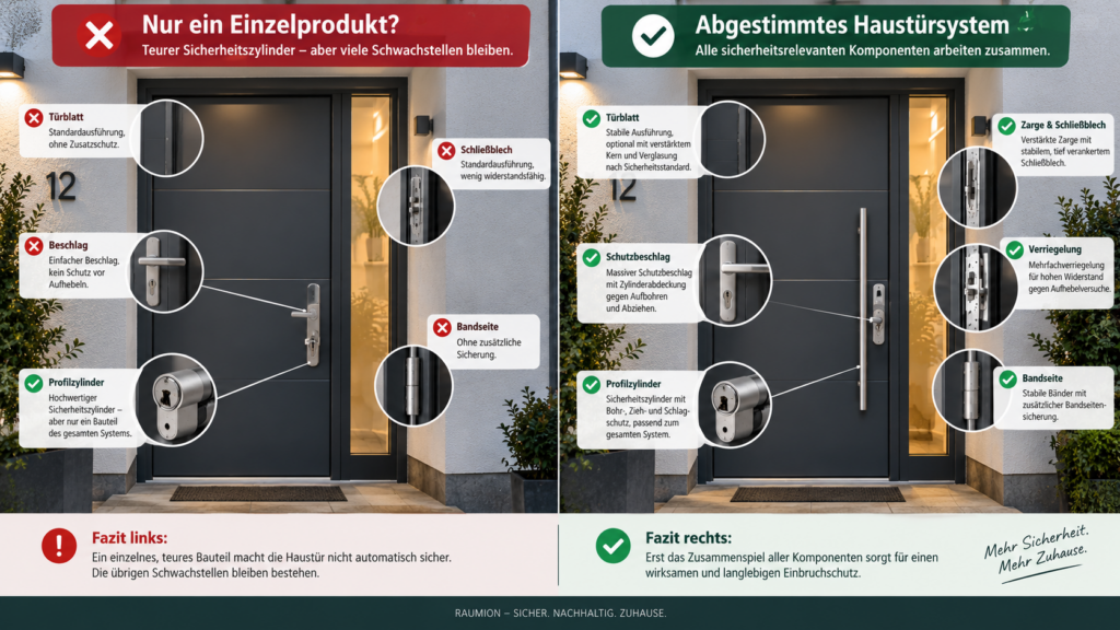Vergleich zwischen isoliertem Sicherheitszylinder und abgestimmter mechanischer Haustürsicherung.