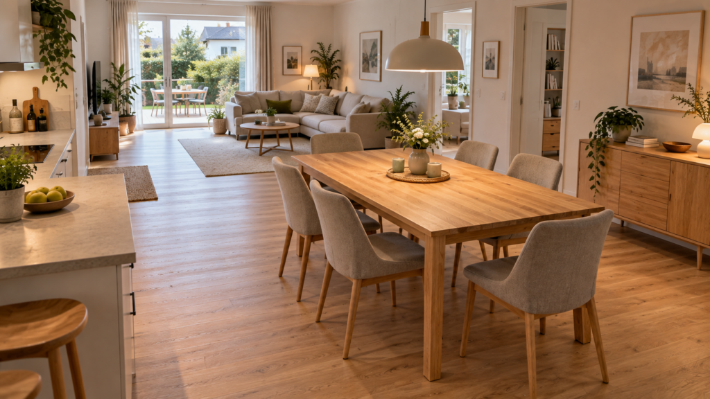 Geplanter Essbereich mit Esstisch, Pendelleuchte und freiem Laufweg zwischen Küche und Wohnzimmer.