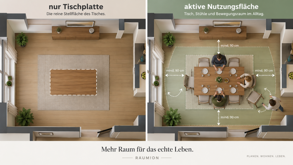 Grundrissvergleich zwischen reiner Esstischfläche und benötigter Nutzungsfläche mit Stühlen und Laufwegen. Esstisch richtig planen.
