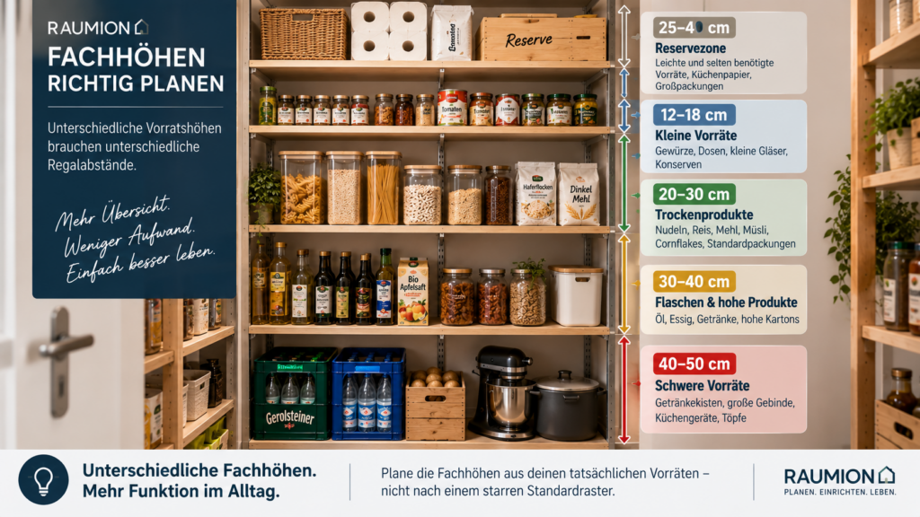 Unterschiedliche Fachhöhen für Gläser, Packungen und Flaschen in der Speisekammer