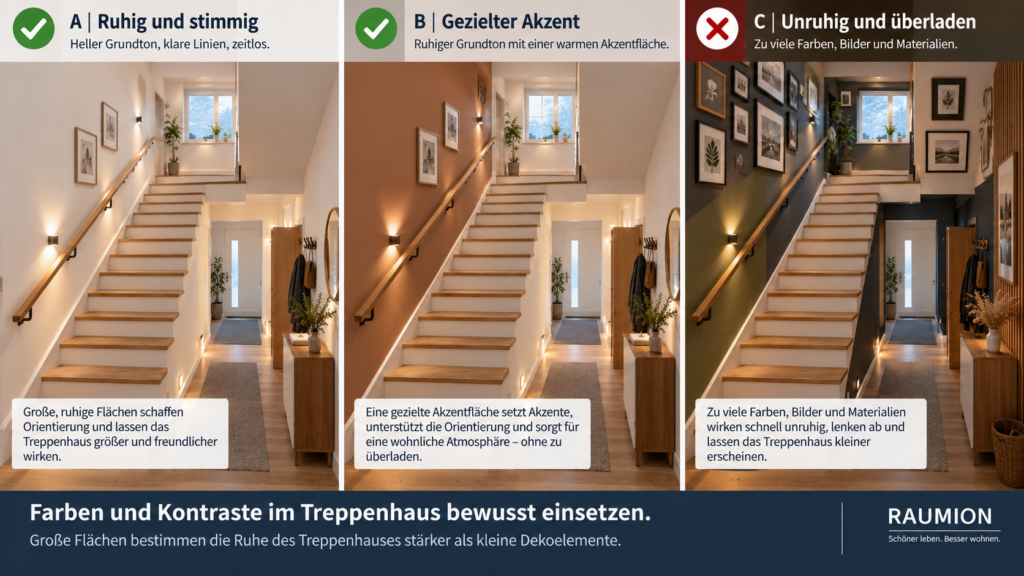 Treppenhaus mit unterschiedlichen Farb- und Wandkonzepten im Vergleich