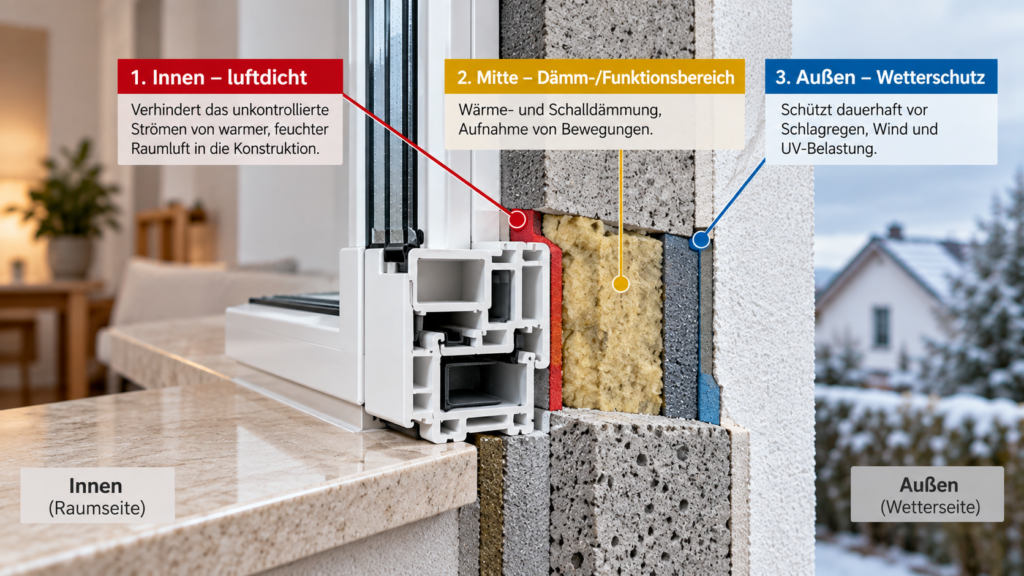 Drei Funktionsebenen eines Fensteranschlusses mit innerer Luftdichtheit, Dämmzone und äußerem Wetterschutz