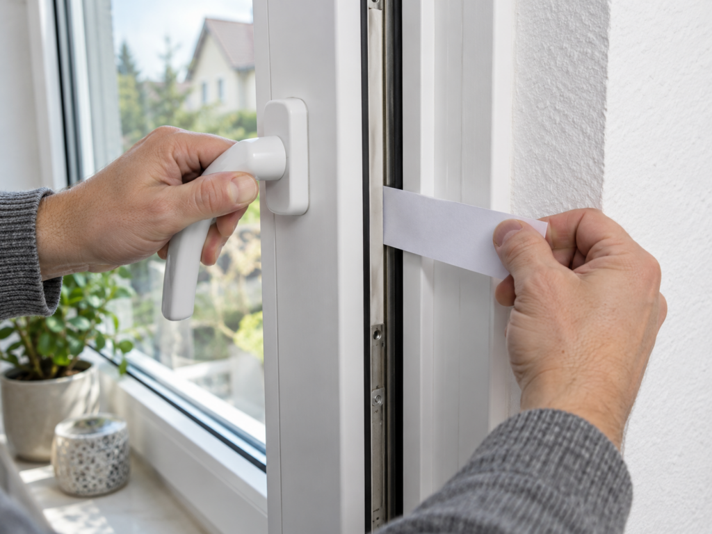 Papiertest zwischen Fensterflügel und Rahmen zur Prüfung der Fensterdichtung.Fenster abdichten.
