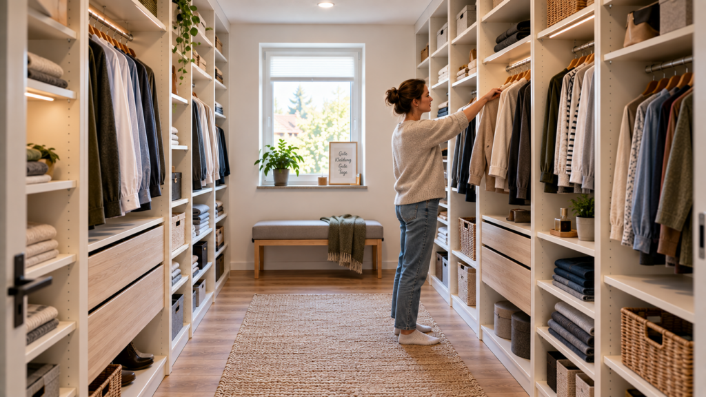 Selbst gebauter begehbarer Kleiderschrank als ruhiges funktionales Alltagssystem