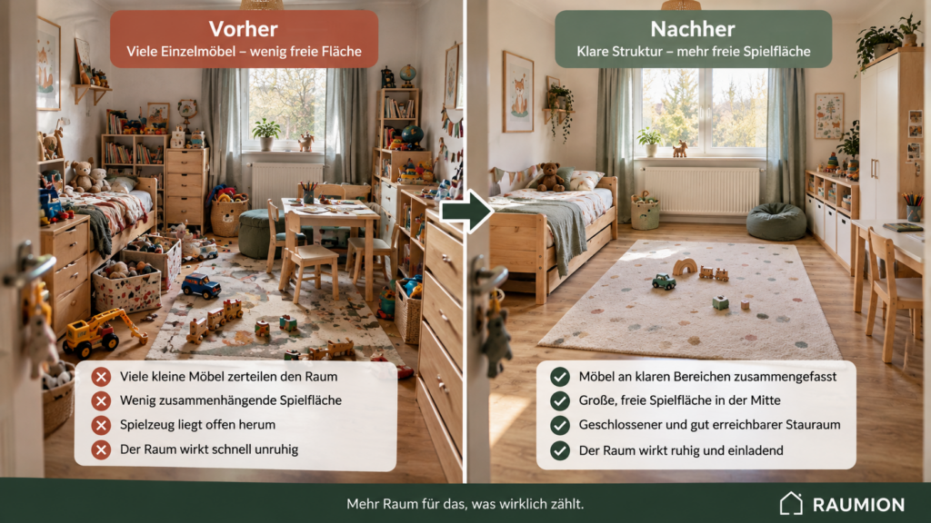 Vergleich zwischen übermöbliertem Kinderzimmer und Kinderzimmer mit freier zusammenhängender Spielfläche