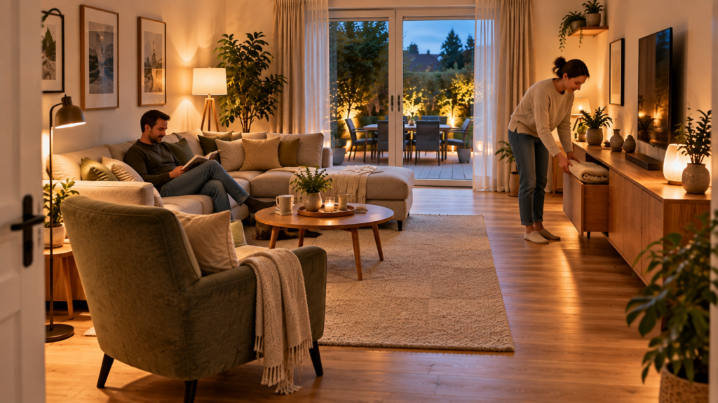 Freigegebene Möbelanordnung im Wohnzimmer mit Sofa, Sessel, Stauraum und freiem Laufweg