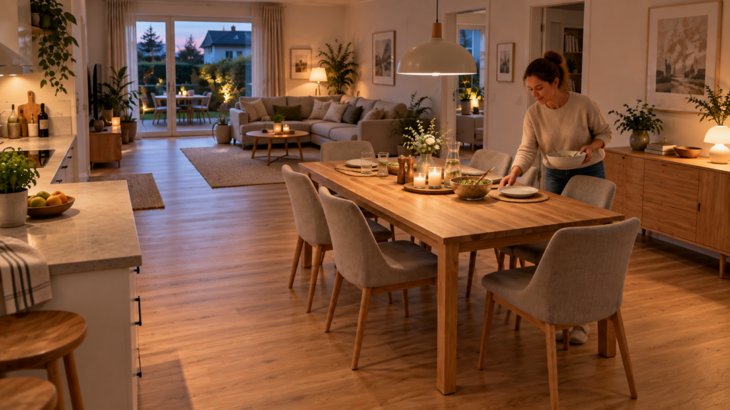 Funktional geplanter Essbereich mit Esstisch für sechs Personen, freiem Laufweg und warmer Beleuchtung.