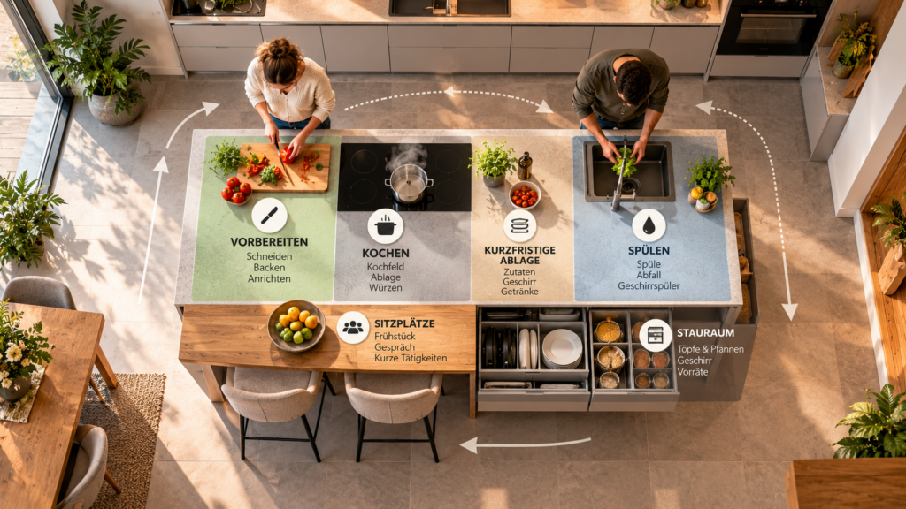 Multifunktionsinsel mit Bereichen für Vorbereiten, Kochen, Stauraum und Sitzplätze