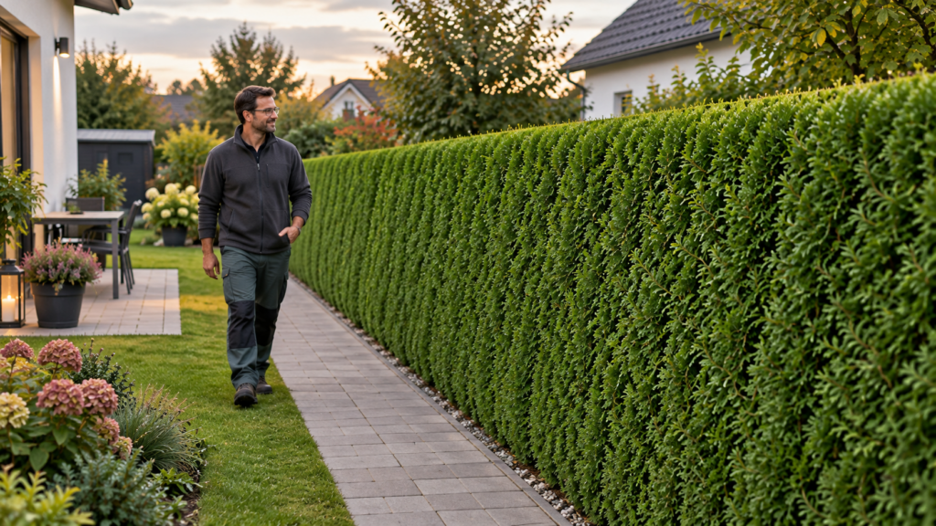Gepflegte Thuja-Hecke mit freiem Gartenweg nach dem Formschnitt