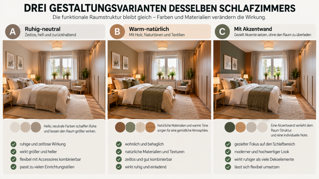 Drei Gestaltungsvarianten für dasselbe Schlafzimmer in neutralen, natürlichen und akzentuierten Farben