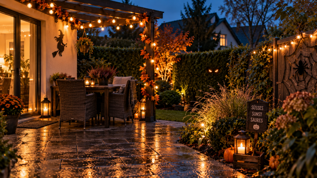 Wettergeeignete Halloween-Beleuchtung an Pergola und Gartenhecke