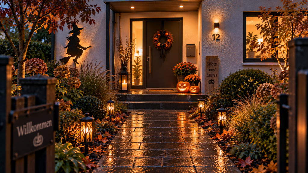 Sicher dekorierter Hauseingang mit Halloween-Deko neben einem freien Gartenweg