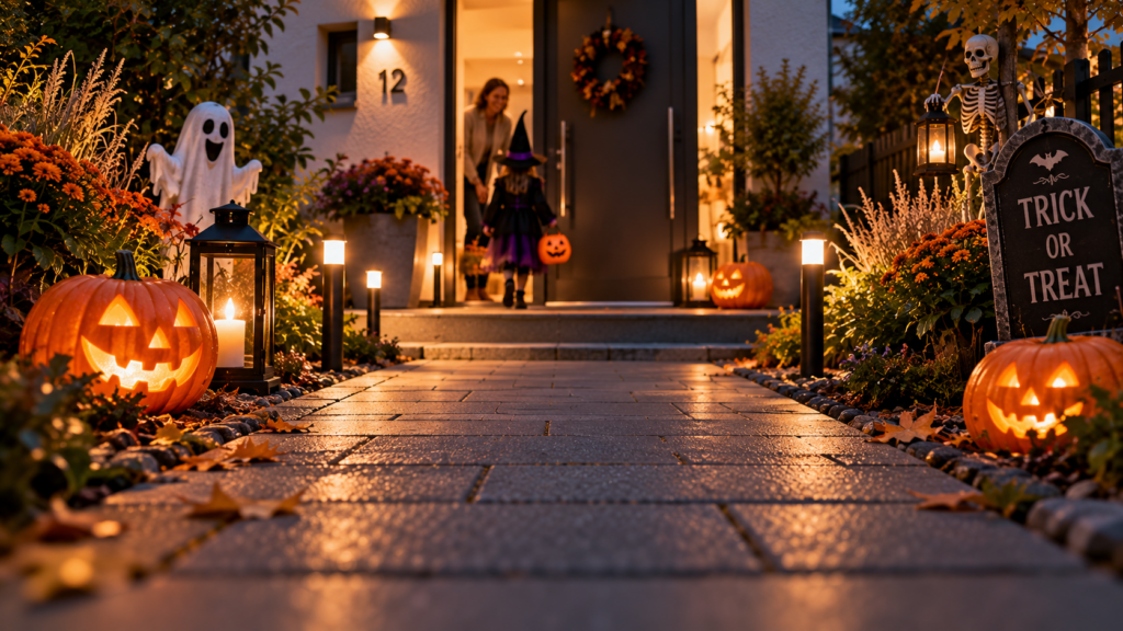Halloween-Deko am Hauseingang aus Kinderperspektive mit freiem Weg