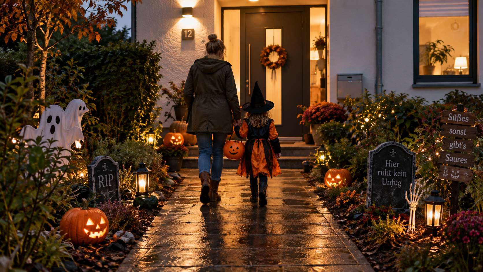 Sicher befestigte Halloween-Deko draußen mit freiem Gartenweg, LED-Beleuchtung und Familie am Hauseingang