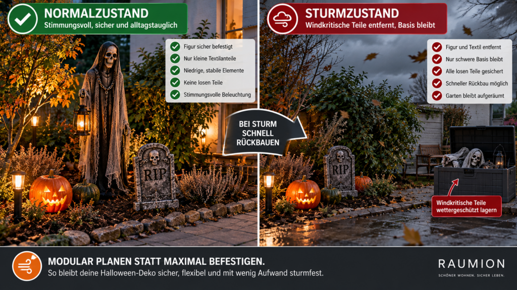 Halloween-Deko im Normalzustand und nach schnellem Rückbau vor Sturm