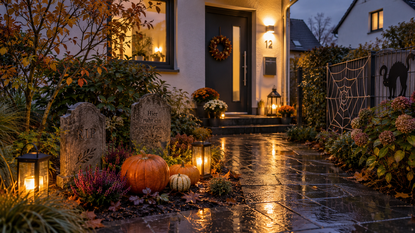 Wetterfeste Halloween-Deko im Garten mit Kürbissen, Grabsteinen und Outdoor-Beleuchtung nach einem Regenschauer