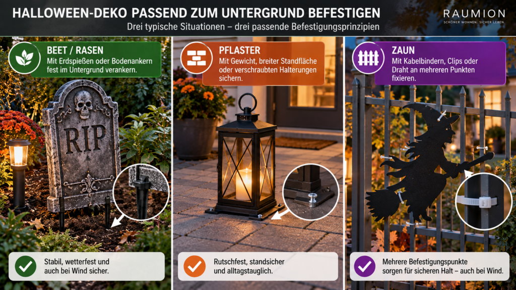 Halloween-Deko auf Rasen, Pflaster und Zaun sicher befestigen