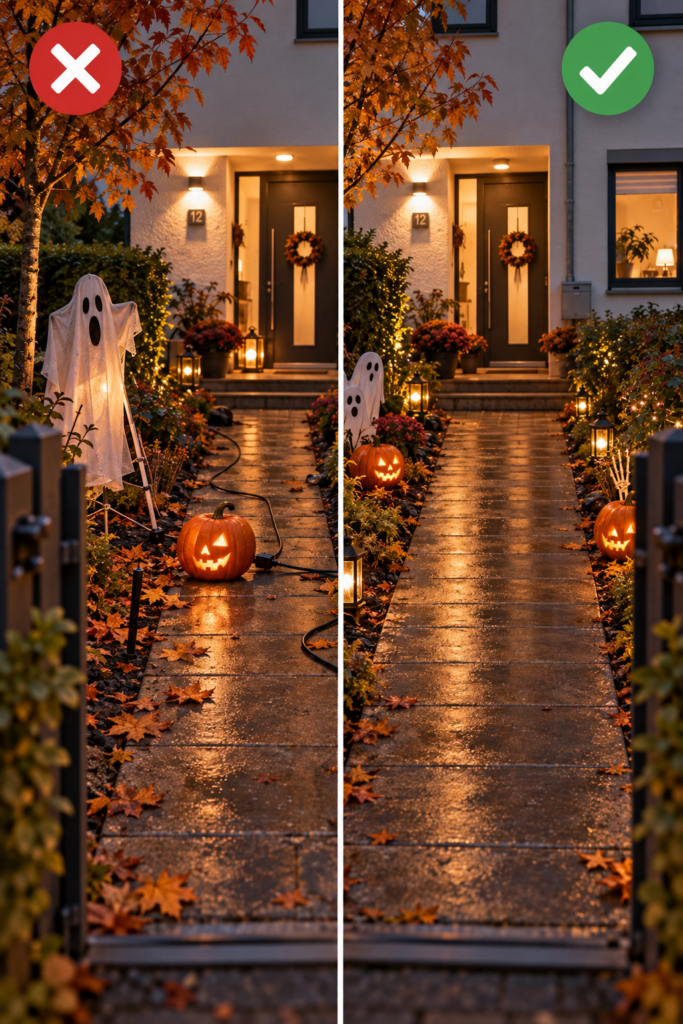 Vergleich zwischen unsicher und sicher befestigter Halloween-Deko am Gartenweg. Halloween-Deko draußen sicher befestigen