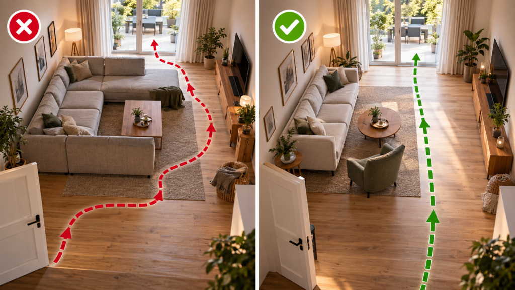 Wohnzimmer Möbel anordnen mit blockiertem und freiem Hauptlaufweg im Vergleich