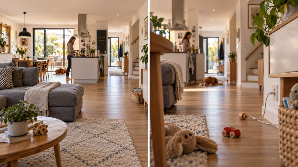 Kindersicherheitscheck aus Erwachsenen- und Kinderhöhe im Wohnbereich. Haus kindersicher machen