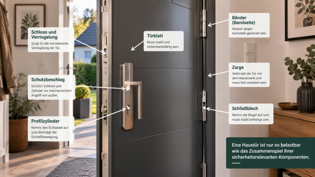 Haustür mit markierten Bereichen für Türblatt, Zarge, Schloss, Schutzbeschlag und Bandseite zur Planung des Einbruchschutzes.Haustür gegen Einbruch sichern.