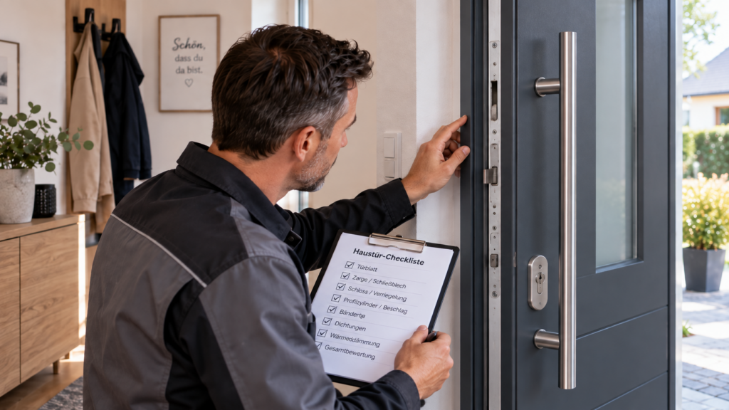 Fachperson prüft Zarge, Verriegelung und Schutzbeschlag einer vorhandenen Haustür.