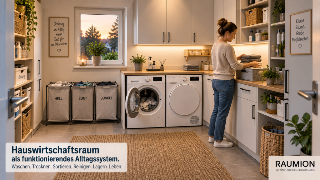 Ruhiger funktionaler Hauswirtschaftsraum mit Waschmaschine, Trockner, Arbeitsfläche und organisiertem Stauraum