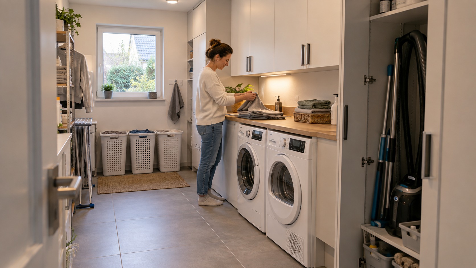 Ruhig geplanter Hauswirtschaftsraum mit Waschmaschine, Trockner, Arbeitsfläche, Stauraum und Wäschekörben