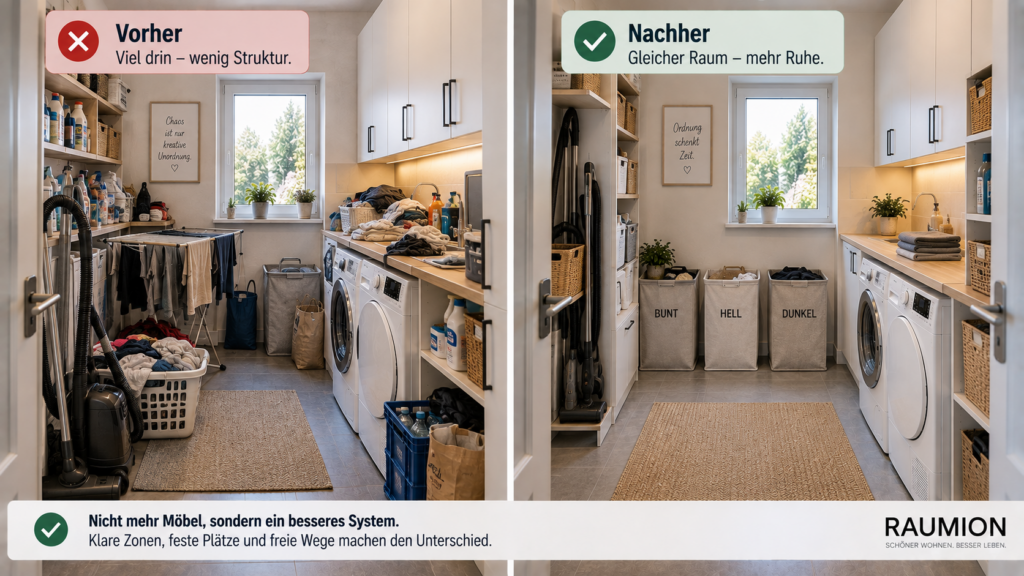 Hauswirtschaftsraum vor und nach systematischer Organisation mit freien Laufwegen
